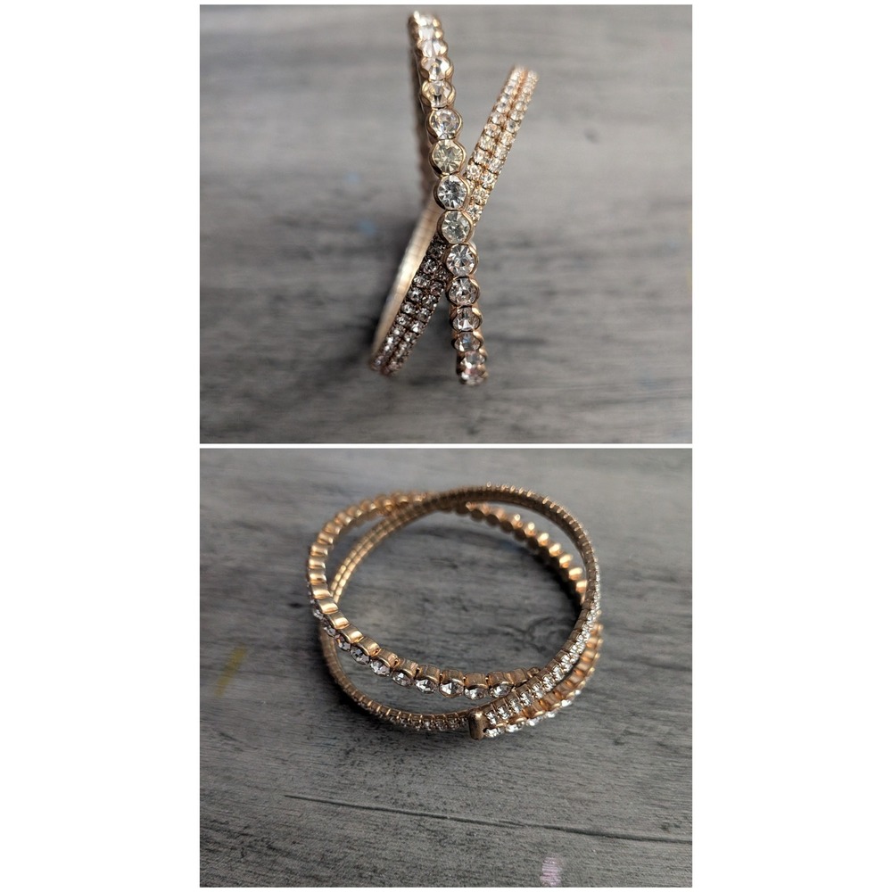 Rose Gold Tone Crystal Wrap Coil Bracelet Layered Bangle Stacked Look